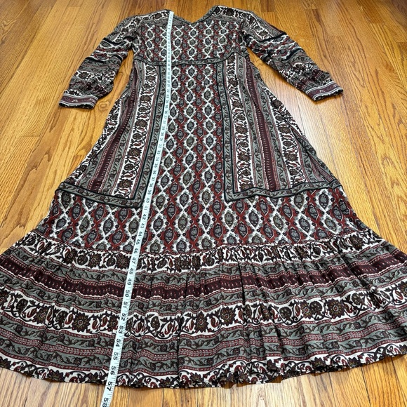 NEW Frye Boho Cottage brown paisley V-neck long sleeve pleated retro maxi dress - Picture 11 of 16